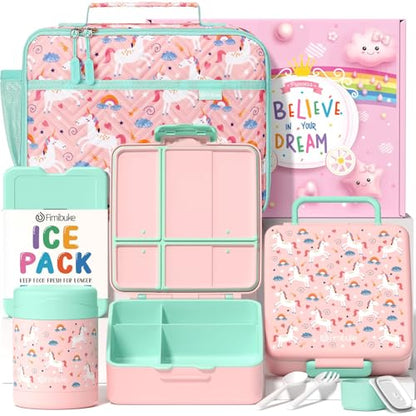 Fimibuke Kids Bento Snack Lunch Box with 4 Compartments, Insulated lunch Bag, Stainless Steel Thermo Food Jar, Ice Pack & Utensils, Unicorn Birthday Gifts for Age 3-12 Back to School Toddler Girl Boy | Lunch Box Kids with 4 Compartment, Food Jar, Ice Pack