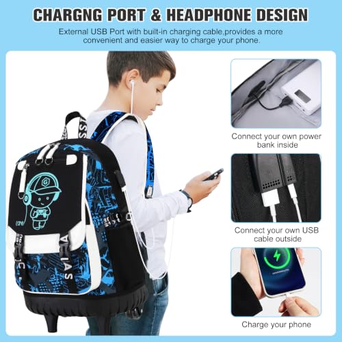 Bevalsa Rolling Backpack for Boys, Roller Backpack with Wheels, Wheeled School Bag with Sling Bag, Lunch Box & Pen Case for Kids Children Teens Elementary Middle Student Glow In The Dark - color: Blue