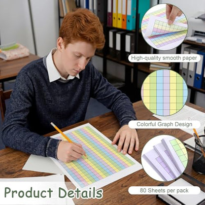 80 Sheets Colored Graph Paper Pad 11.69"x8.26" Math Notebook Grid 1/2 Inch Squares Large Quad Ruled Grid A4 Pastel Squares Graphing Paper for Dyslexia Dysgraphia Handwriting Planning