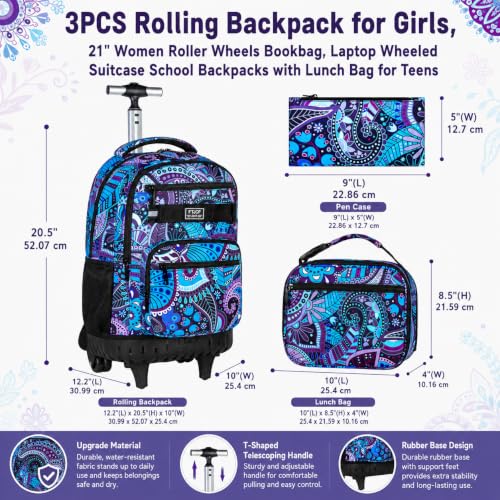 AGSDON Rolling Backpack for Girls, Women Roller Wheels Bookbag, Laptop Flower Wheeled School Bag with Wheels for Teens - color: Purple