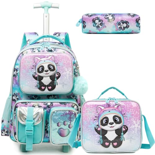 Kids Rolling Backpack for Girls Panda Suitcases Trolley Roller Luggage Backpacks on Wheels with Lunch Box Pencil Case for Elementary Multiple Function Pockets Travel school Bag Green - color: 041121-xiongmao