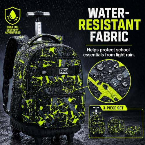 3Pcs Rolling Backpack for Boys, Men Roller Bag with Wheels for Adults, 19 Inche Graffiti Wheeled Bookbag with Lunch Box(Green) - color: Graffiti Green