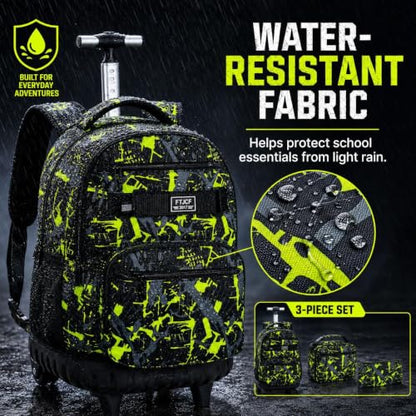 3Pcs Rolling Backpack for Boys, Men Roller Bag with Wheels for Adults, 19 Inche Graffiti Wheeled Bookbag with Lunch Box(Green) - color: Graffiti Green