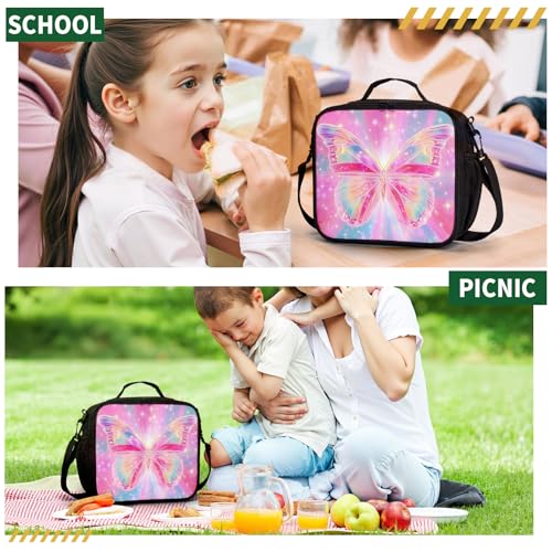 Butterfly Lunch Box for Girls Pink Purple Galaxy Shining Stars Lunch Bag with Shoulder Strap for Kids Teens Durable Large Capacity Insulated Lunchbox Thermal Meal Bag for School Travel - color: A-Butterfly