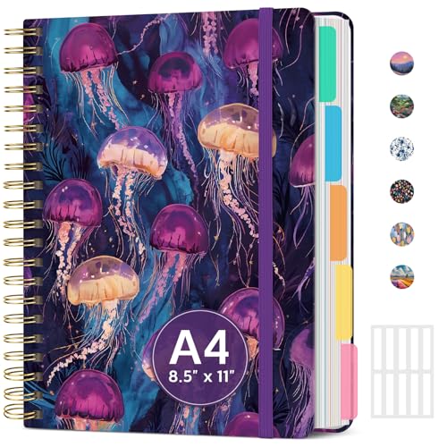 Large Spiral Lined Notebook for Work with Dividers & Tabs, 8.5"x11" Hardcover 5 Subject Notebook, College Ruled, 280 Pages, Ocean Glow - color: P - Ocean Glow