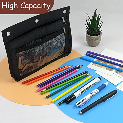 YoeeJob 1 Pack Pencil Pouch for 3 Ring Binder, Expandable Binder Pouches with Zipper, Large Capacity Pen Holder Case with Clear Window School Class Office Organizers, Black - color: Black
