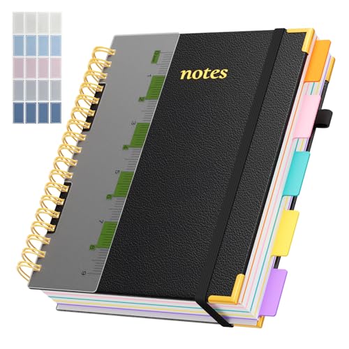 Line Hardcover Spiral Notebook with Removable Dividers Tabs & Ruler, 5 Subject Notebook College Ruled, 300 Page, Large 8"x10" B5 Notebooks for Work School, Lined Journal for Women & Men, Black - color: Black, size: 8"x10"(B5)