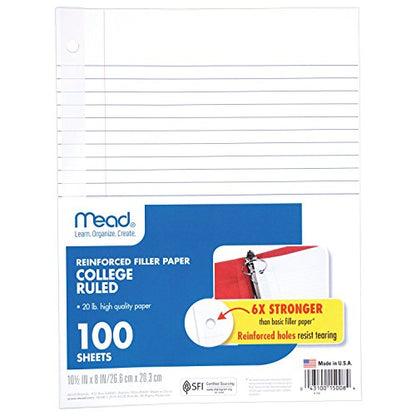 Mead Loose Leaf Paper, Filler Paper, Reinforced, College Ruled, 100 Sheets, 10-1/2" x 8", 3 Hole Punched, 12 Pack (72428)