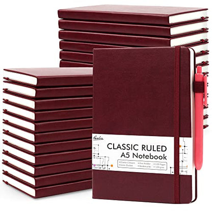 feela 24 Pack Journal Notebook for Work, Business Notebook Bulk Hardcover Lined Writing Journal with Pen Holder for Men Women Note Taking, with 24 Black Pens, 120 GSM, 5.1”x8.3”, A5, Wine - color: 24 Pack wine