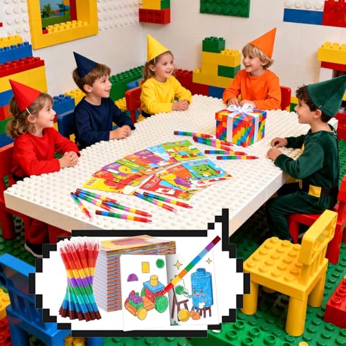 BenLouis 24 Building Block Mini Coloring Books Kids with 24 Stacking Crayons Geometric Shapes Party Favors Activity Books Bulk for Kids Building Goodie Bag Gift Stuffer Classroom Reward - style: Building Block