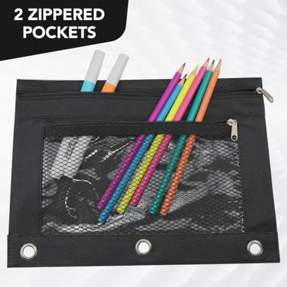 3 Ring Pencil Pouch for Binder, 2-Pocket Zipper Pencil Case with Clear Window & Mesh Pocket, 600D Oxford Fabric Binder Pouch for School Office Supplies, Fits Standard 3-Ring Binders, Black - color: Black