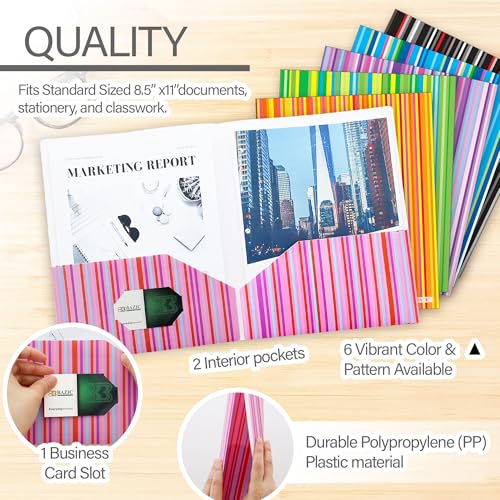 BAZIC Products Striped Poly 2-Pocket Folder, 6-Set | two interior pockets, Holds letter-size 8.5 x 11 in sheets for school and office - size: 6-Pack