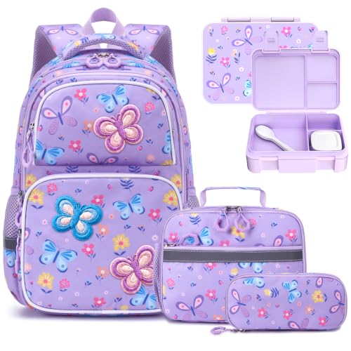 Kids Backpack for Girls 4-8, Cute 3D Embroidered Butterfly Toddler Backpack with 34oz Lunch Box, Insulated Bag, Pen Case & Utensils, School Bookbag for Preschool Kindergarten Elementary - color: Butterfly