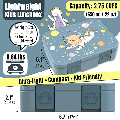 BEARFOOT Kids Lunch Box with Compartments – Compact & Lightweight | Leak-Proof, BPA-Free, Dishwasher Safe | Hand-Drawn Design for Preschool, School, Travel (Astro Bear Blue, 2.75 Cups) - color: AstroBear-Blue, size: 2.75 Cups