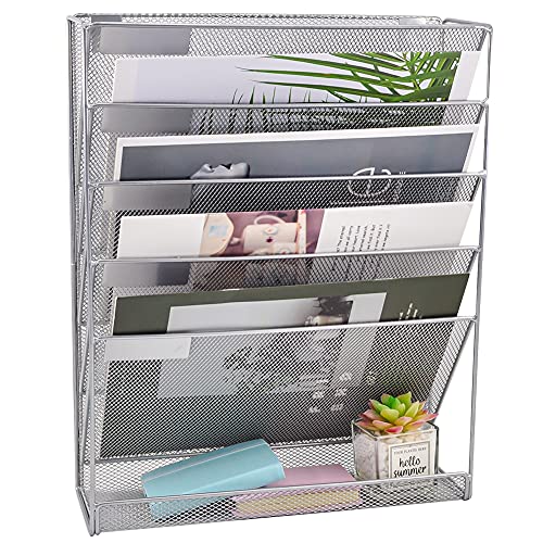 EASEPRES Desk File Organizer Mesh 6-Tier, Hanging Wall Mount Document Organization Stand, Desktop Vertical Mail Paper Folder Holder Rack with Bottom Tray for Office Home Cubicle Countertop, Silver - color: Silver, size: 6 Tier