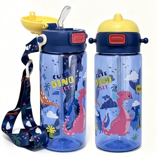 20oz Leak Proof Kids Water Bottle with Detachable Strap, Dinosaur | Sturdy, Shock-Resistant, Large Capacity, One-Touch Lid Opening, with Straw for School and Travel, BPA Free, Dishwasher Safe - color: Dinosaur