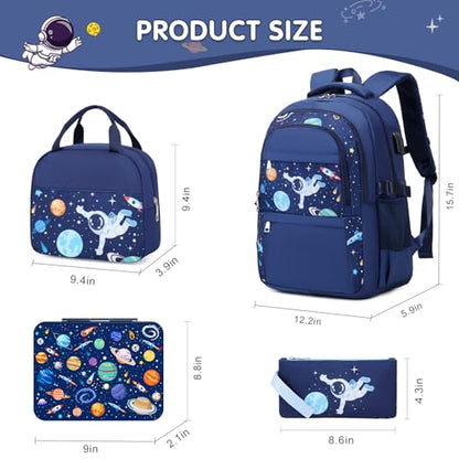 ACESAK Boys Backpack - Astronaut Bento Box with Insulated Lunch Bag Pencil Case & Utensils Set for Kids, 6 Leakproof Compartments Removable Tray Lunches or Snack Container - color: Astronaut
