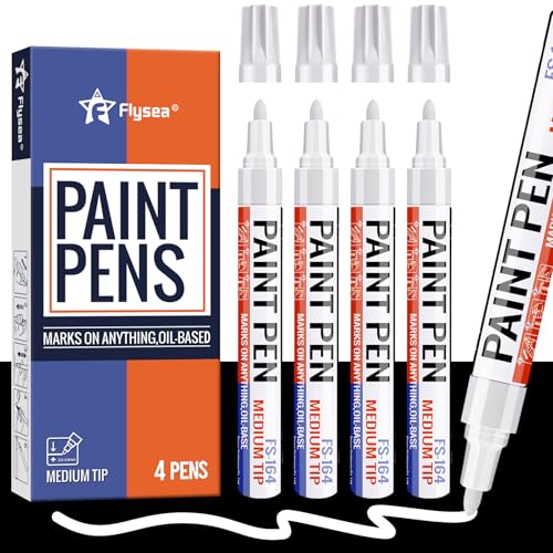 White Paint Pens Permanent Marker Pen 4 Pcs Waterproof Oil Based Paint Markers 3mm Medium Round Tip Quick-drying Paint Marker Pens for Rock Painting, Black Paper, Metal, Tyre, Glass, Wood - color: White