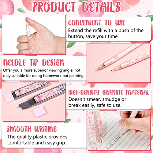 15 Pcs Kawaii Mechanical Pencil Set First School Gift Pen Include Peach Mechanical Pencils with Tubes Pencil Refills Cute Juice Peach Eraser School Supplies for Sketching Architecture Drawing (0.7 MM)