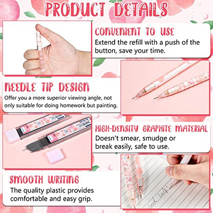 15 Pcs Kawaii Mechanical Pencil Set First School Gift Pen Include Peach Mechanical Pencils with Tubes Pencil Refills Cute Juice Peach Eraser School Supplies for Sketching Architecture Drawing (0.7 MM)