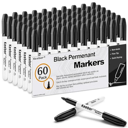 Keebor Permanent Markers Bulk, 60 Pack, Quick Drying & Fade Resistant | Fine Point Marker Set for Wood, Plastic, Paper, Metal - size: 1 Count (Pack of 60)