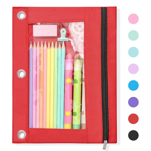 SUNEE Pencil Pouch for 3 Ring Binder, Large Zipper Pencil Case with Clear Window, 3 Reinforced Grommets, Binder Accessories for School and Office Supplies Storage, Red - color: Red