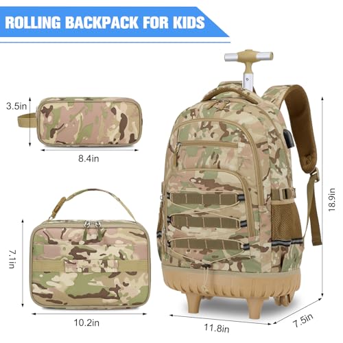 ACESAK Camo Rolling Backpack Boys, Tactical Kids Backpack Boys, Kids Suitcase for Boy Teens Elementary Middle High School, Military Backpack with Wheels and Lunch Bag Pencil Case Set (Camo Khaki) - color: Camo Khaki