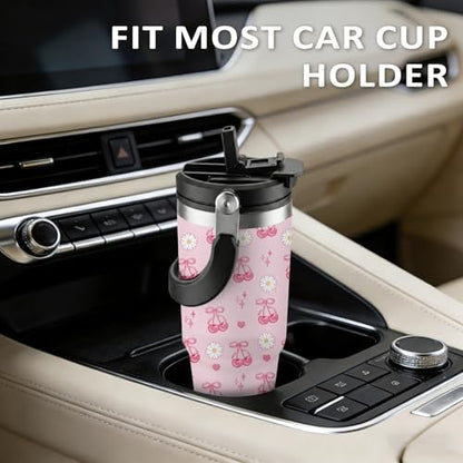 Pink Cherry Tumbler 30oz with Handle - Stainless Steel Insulated Cup, Leakproof Water Bottle with Cherry Design for Women & Girls, Perfect Birthday Christmas Gift - color: Pink cherry, size: 30 Ounces