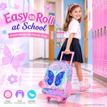 CCJPX 3Pcs Butterfly Rolling Backpack for Girls, 18" Kids Wheeled Bookbag with Lunch Box, Lightweight Roller School Bag for Elementary Preschool (Pink) - color: Pink Butterfly(with Sequins)