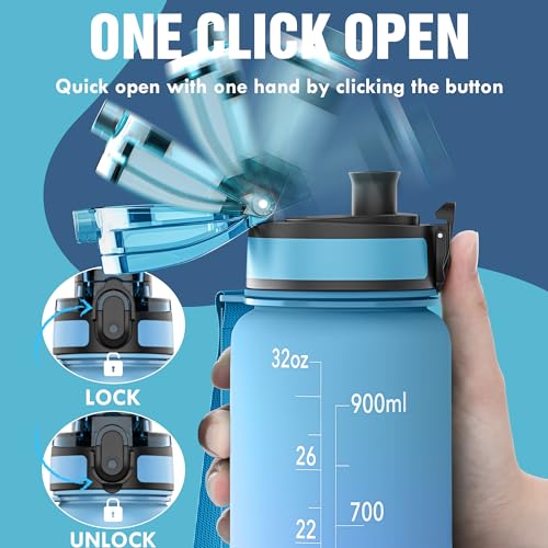 OLDLEY Water Bottle, 32oz Motivational Sports Water Bottle with Time Marker - Times to Drink - Tritan, BPA Free, Wide Mouth Leakproof,Sky - color: Sky