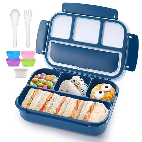 QQKO Bento Box Adult Lunch Box, Lunch Containers for Adults Men Women, Kids Lunch Boxes for School with 4 Compartments, Sauce Container, Utensils and Muffin Cups, Navy - color: Navy