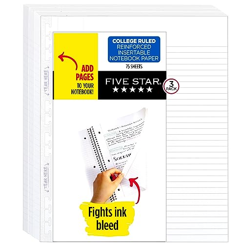 Five Star Insertable Loose Leaf Paper, 3 Pack, Notebook Paper, College Ruled Filler Paper to Add Pages, Reinforced, 8-1/2" x 11", 75 Sheets per Pack (52168) - size: 3 Pack