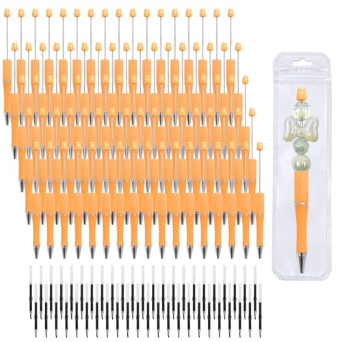 420 Pieces DIY Beadable Pen Bulk Kit – 140 PCS Ballpoint Pen with Refills & Bags – Perfect for Beads Pens Supplies, Beaded Pens for DIY Crafting – Office Supplies & Teacher Accessories (Orange) - color: Orange, size: 140