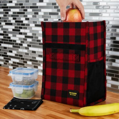 2nd Childhood Insulated Lunch Bag for Men, Durable & Reusable, Plaid Red | Slim lunch bag with carry handle, two mesh side pockets and a back slip pocket; insulated liner keeps food cool - color: Buffalo Red