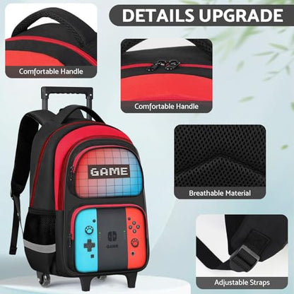 Kids Rolling Backpack for Boys - 3PCS Gamer Boys Rolling Backpack with Lunch Bag Set,Multifunctional Wheeled Bookbag for Travel,Roller School Bag for Elementary Middle School Aged 6-18
