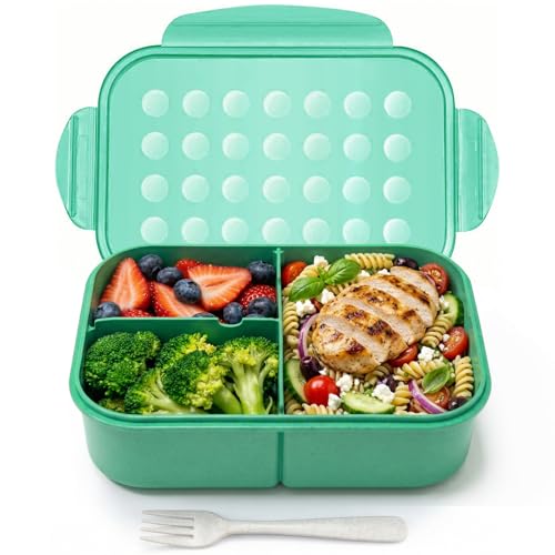 MISS BIG® Large Bento Lunch Box for Adults, 1900ml, 3 Compartments, Green | Green 1900ml large lunch box for adults, office meals, meal prep, work lunch, picnic, and travel. - color: Green, size: 1900ml
