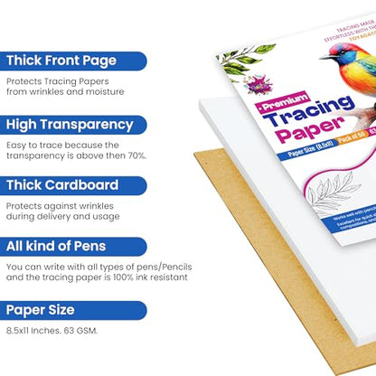 Tracing Paper 8.5x11 in, 50 Sheets, Transparent Sketch Paper 63gsm | 50 Sheets, 63gsm Translucent, Sketching & Drafting, Art Projects, Pencil Marker & Ink, Premium - size: 8.5" x 11" (50 Sheet)