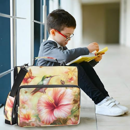 Hibiscus Blossom and Hummingbirds Zipper Binder 3 Ring 1.5 Inch School Binder Organizer with Shoulder Strap Handle File Folder Pockets Large Capacity Students Girl Boy Men Office Work - color: Hibiscus Blossom and Hummingbirds
