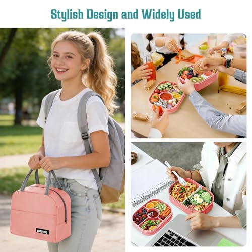 RIKDOKEN Bento Lunch Box, Stackable 2 Layers Containers with Compartments, Portable 64OZ Large Capacity Leakproof Bento Box with Spoon & Fork & Lunch Bag, Microwave Safe Lunch Box for Kids and Adults - color: Pink