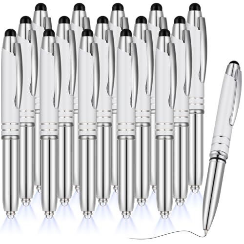 Zonon 15 Pieces 3 in 1 Multi-Function Touch Pen with LED Flashlight and Stylus Tip Multi-Function Ballpoint Pen, 1.0 mm Black Ink Ballpoint for Touch Screens Back to School Gifts(White) - color: White