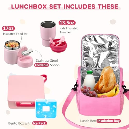 Pawtong Lunch Box Set with Bento Box Container, 17OZ Stainless Steel Food Soup Thermo, Kids Water Bottle & Portable Insulated Lunch Bag – Leakproof, Hot/Cold Retention for School, Travel(Pink) - color: Pink