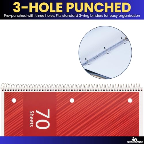 1InTheOffice Spiral Notebook College Ruled, One Subject Spiral Notebook, Spiral Bound Notebook, 10.5" x 8", 3-Hole Punched, 70 Sheets, Assorted Colors, 3 Pack