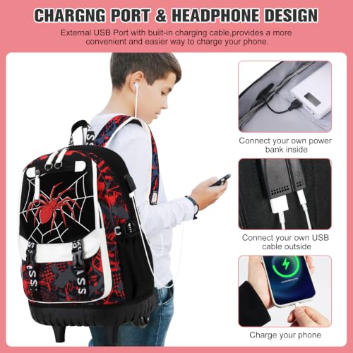 Bevalsa Rolling Backpack for Boys, Roller Backpack with Wheels, Wheeled School Bag with Sling Bag, Lunch Box & Pen Case for Kids Children Teens Elementary Middle Student Glow In The Dark - color: Spider