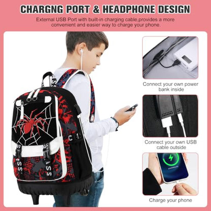 Bevalsa Rolling Backpack for Boys, Roller Backpack with Wheels, Wheeled School Bag with Sling Bag, Lunch Box & Pen Case for Kids Children Teens Elementary Middle Student Glow In The Dark - color: Spider