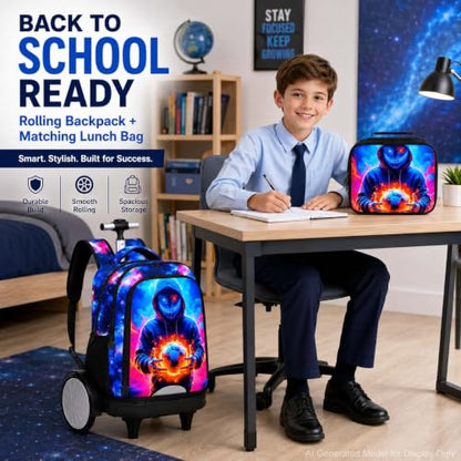UFNDC Big Wheel Roller Bag, Water-Resistant Rolling Backpack for Boys with Lunch Box & Pencil Case, 3-Pack Kids Wheeled School Bookbag Travel Set - Devil Soccer - color: Rolling Backpack Devil Soccer Blue