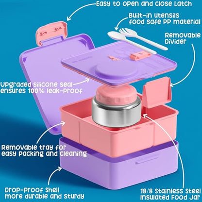 Fimibuke Bento Box for Kids Adult - Leakproof 3-4 Compartments Lunch Bento Box Set with Insulated Food Jar, Water Bottle, Lunch Bag, Sauce Cup & Cutlery for Toddler Teen Shcool Girl Boy Age 3+ - color: A5.Purple & Pink