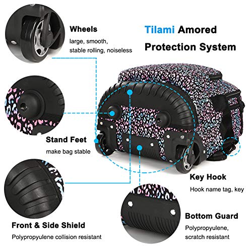 Tilami Rolling Backpack 18 inch Wheeled Backpack School College Student Travel Trip Boys and Girls - color: Colorful Leopard