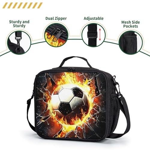 Soccer Lunch Box Fire Football Out of Wall Kids Lunch Bag With Shoulder Strap for Boys Girls Durable Insulated Lunch Cooler Bag Thermal Meal Tote for School Picnic Black - color: A-Soccer Fire