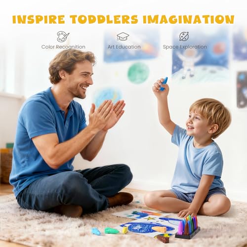 JUPITEARTH 12 Colors Crayons for Toddlers, Non-Toxic Washable Rocket Crayons, Easy-to-Hold Coloring Gifts & Mess-Free Art Supplies for Little Hands