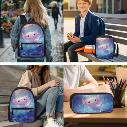 BIGCARJOB Axolotl Backpack for School Girls Bookbags Set with Lunch Bags Pencil Case 3 Pcs Girls School Bookbags Set Thermal Lunch Containers Back to School Pen Bags - color: Cute Axolotl, size: One Size